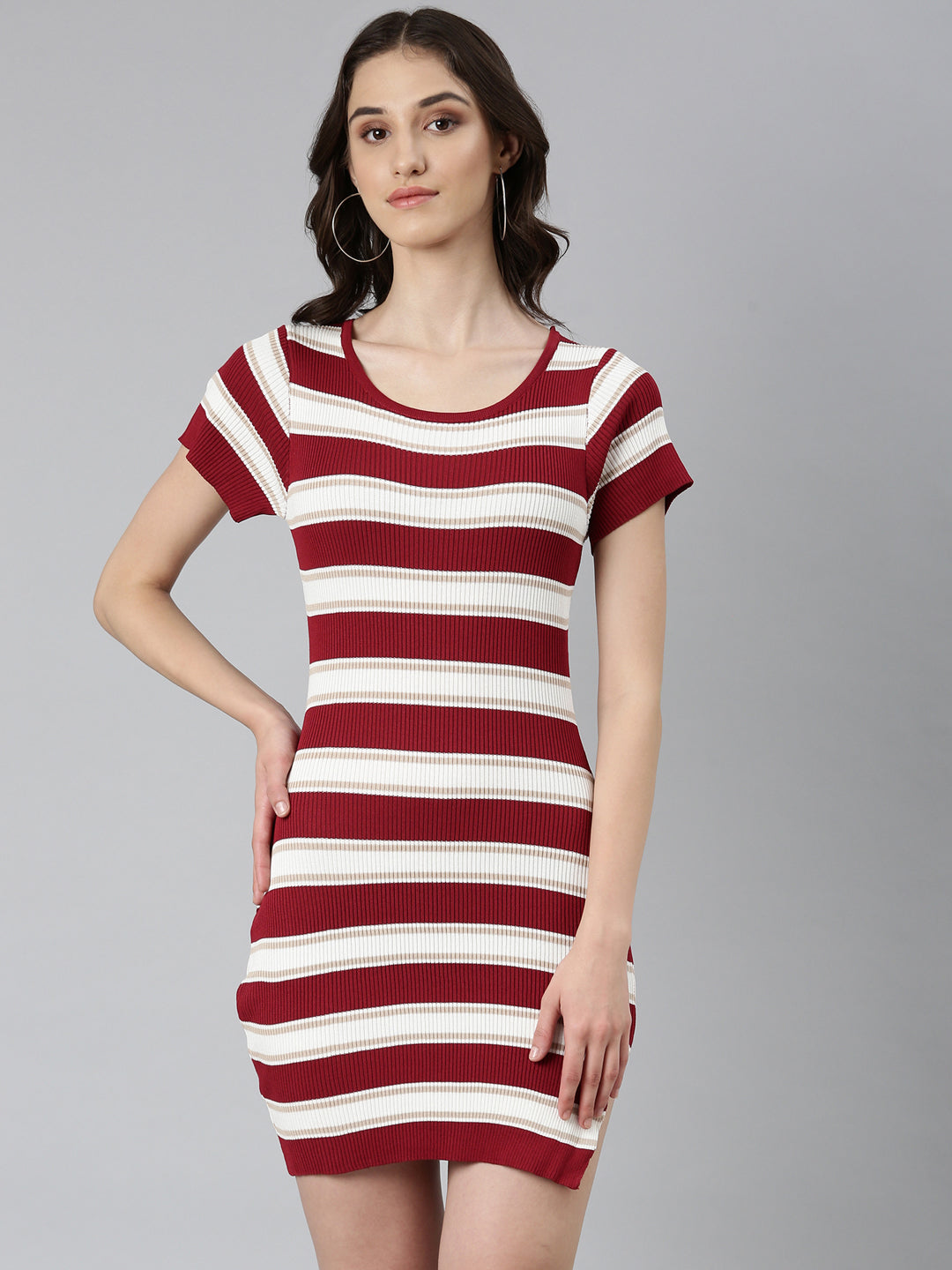 Women Maroon Striped Bodycon Dress