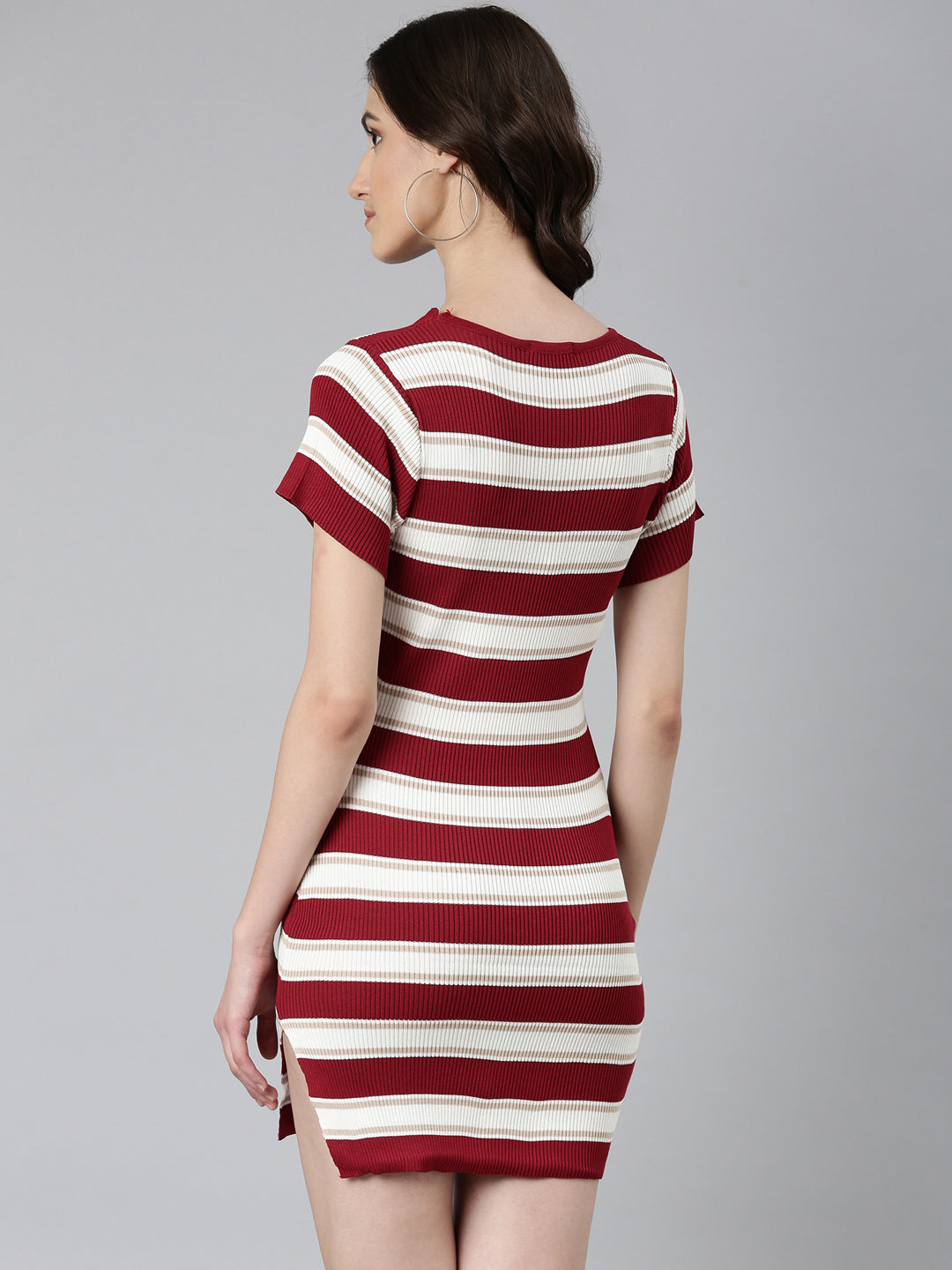 Women Maroon Striped Bodycon Dress