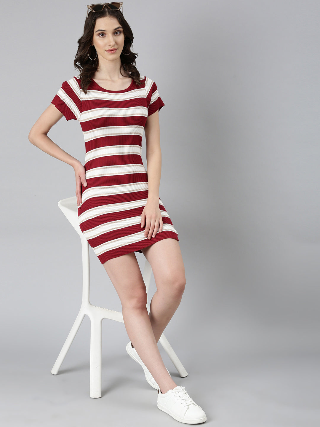 Women Maroon Striped Bodycon Dress