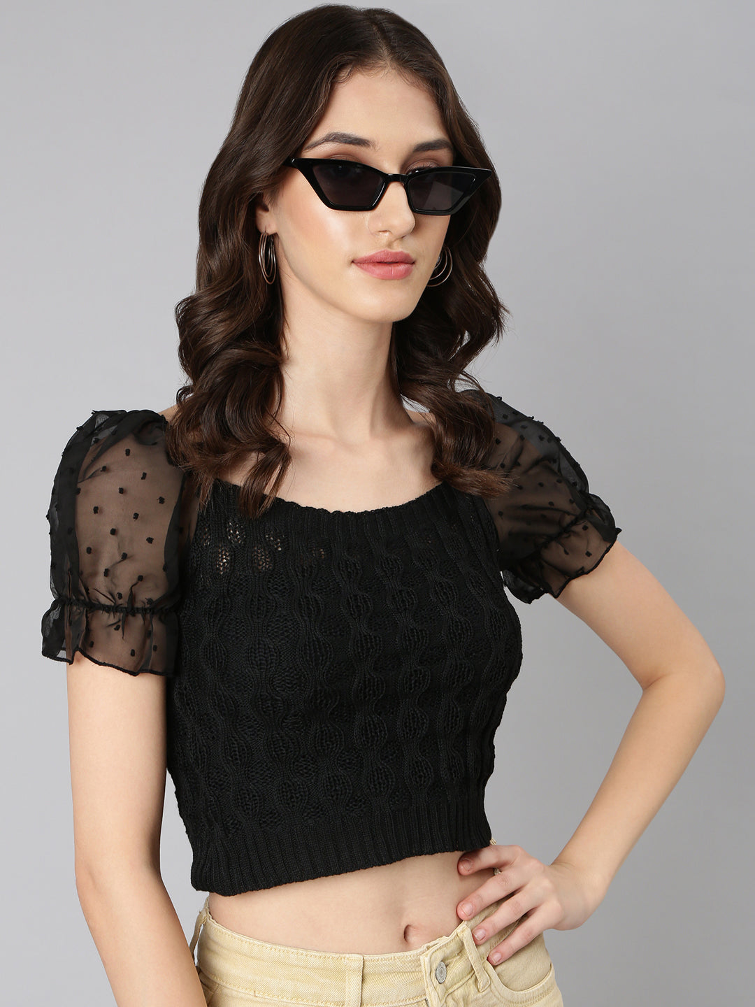 Women Black Textured Fitted Crop Top