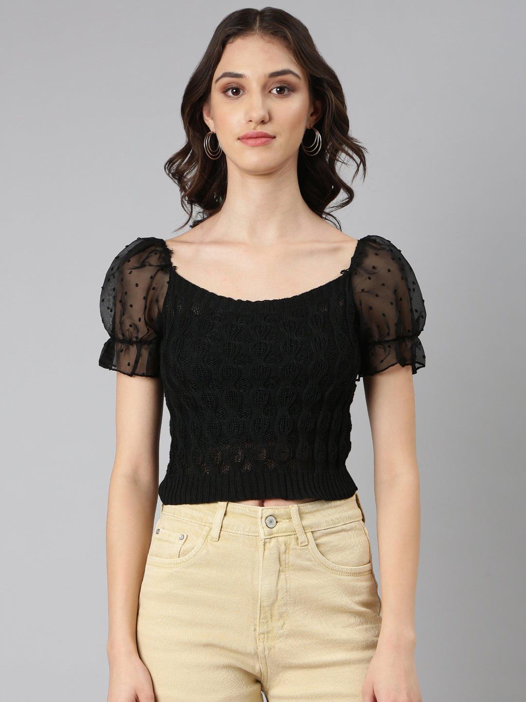 Women Black Textured Fitted Crop Top