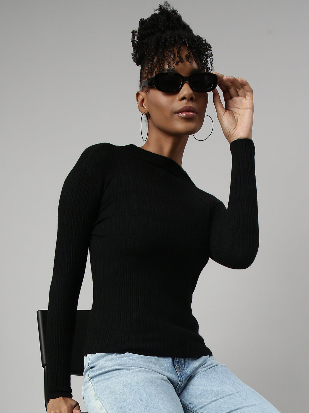 Women Black Solid Fitted Top