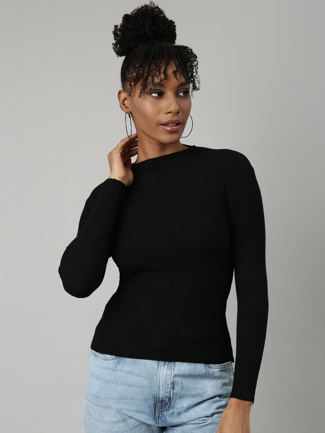 Women Black Solid Fitted Top