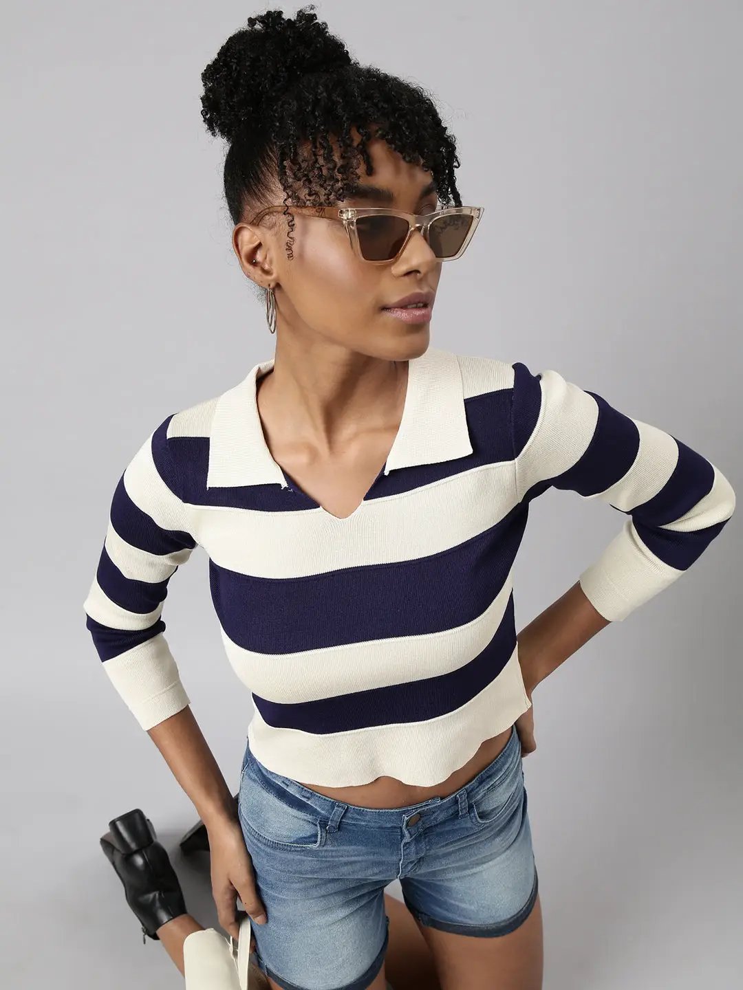 Women's Navy Blue Horizontal Stripes Crop Top