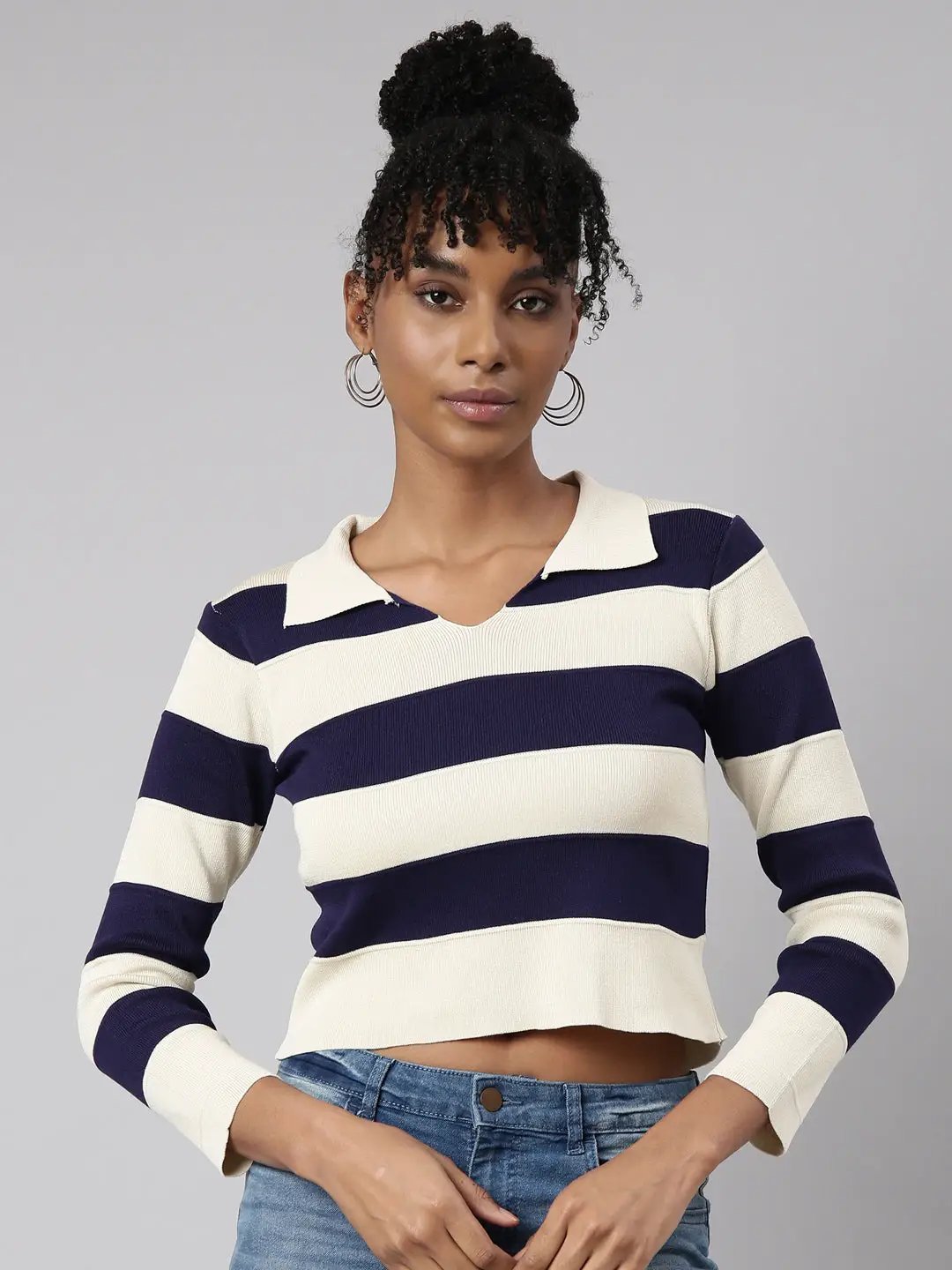 Women's Navy Blue Horizontal Stripes Crop Top