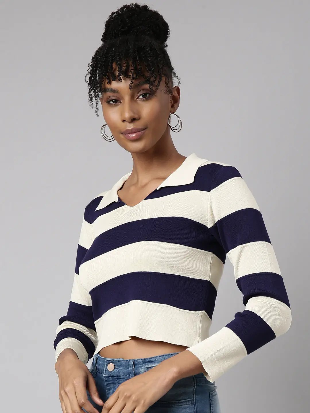 Women's Navy Blue Horizontal Stripes Crop Top