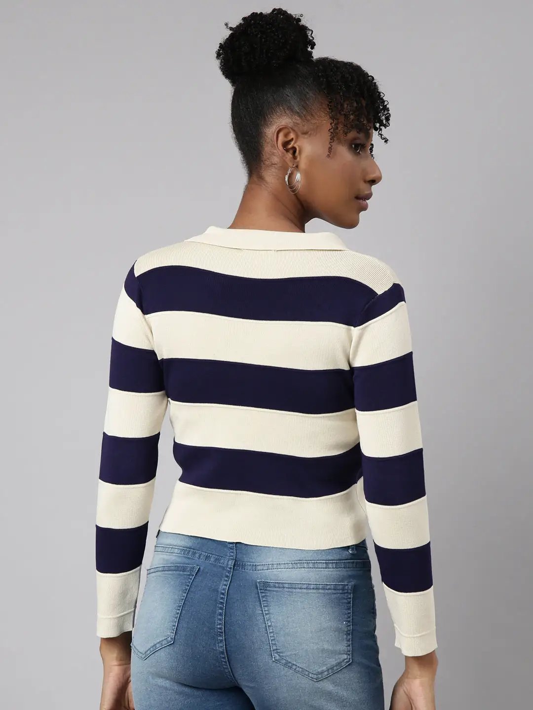 Women's Navy Blue Horizontal Stripes Crop Top