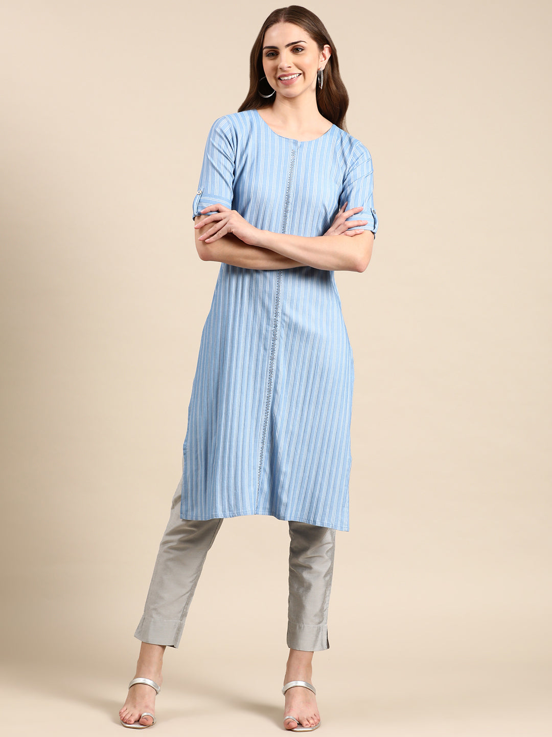 Women's Blue Printed Straight Kurta