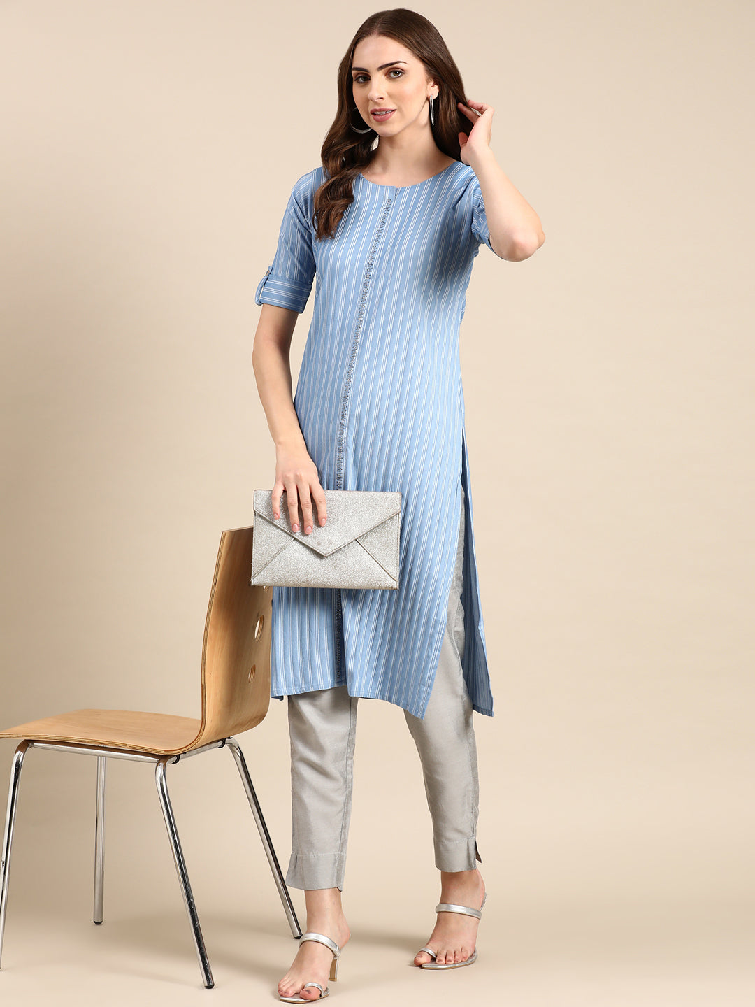 Women's Blue Printed Straight Kurta