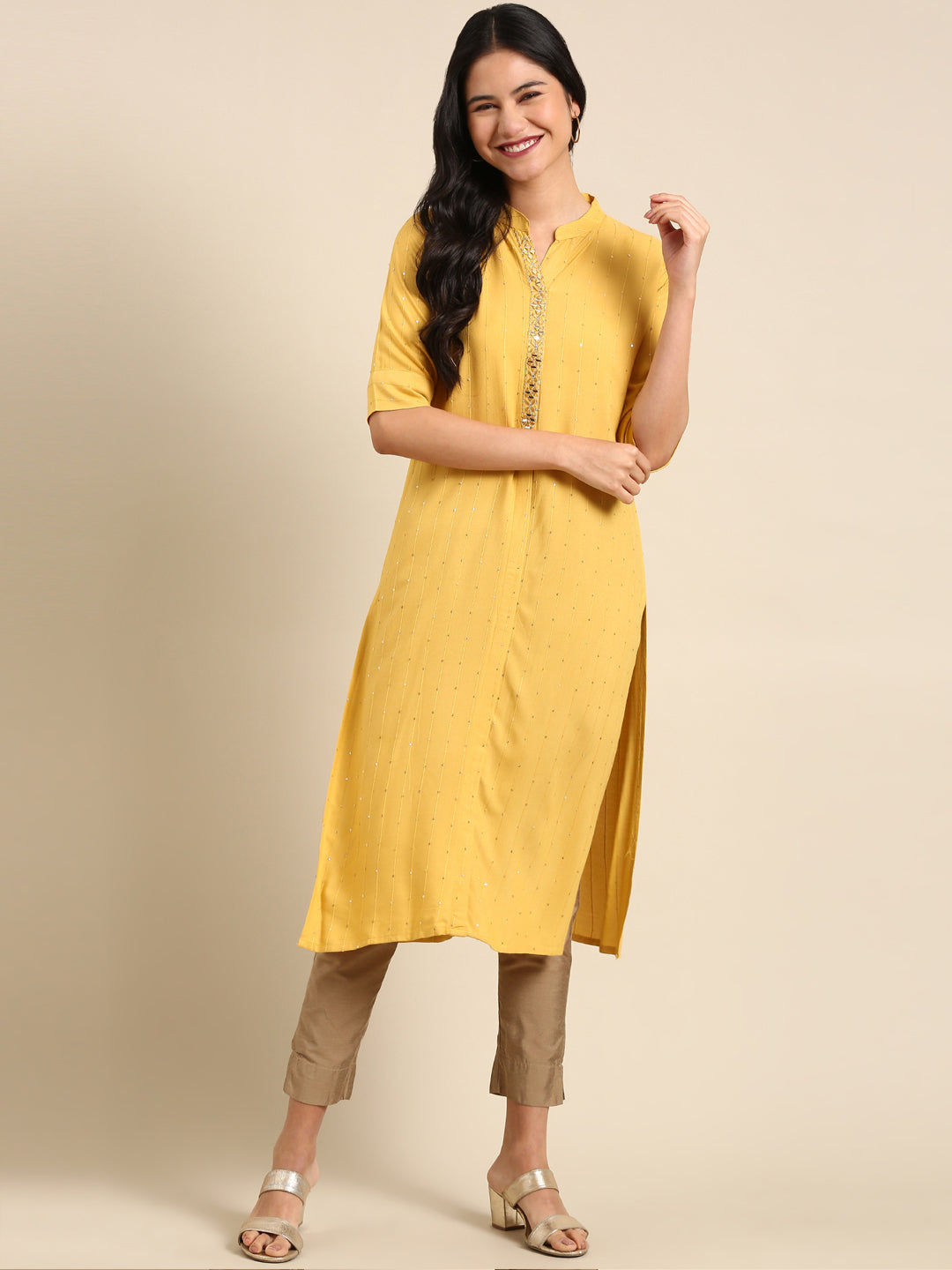 Women's Mustard Solid Straight Kurta