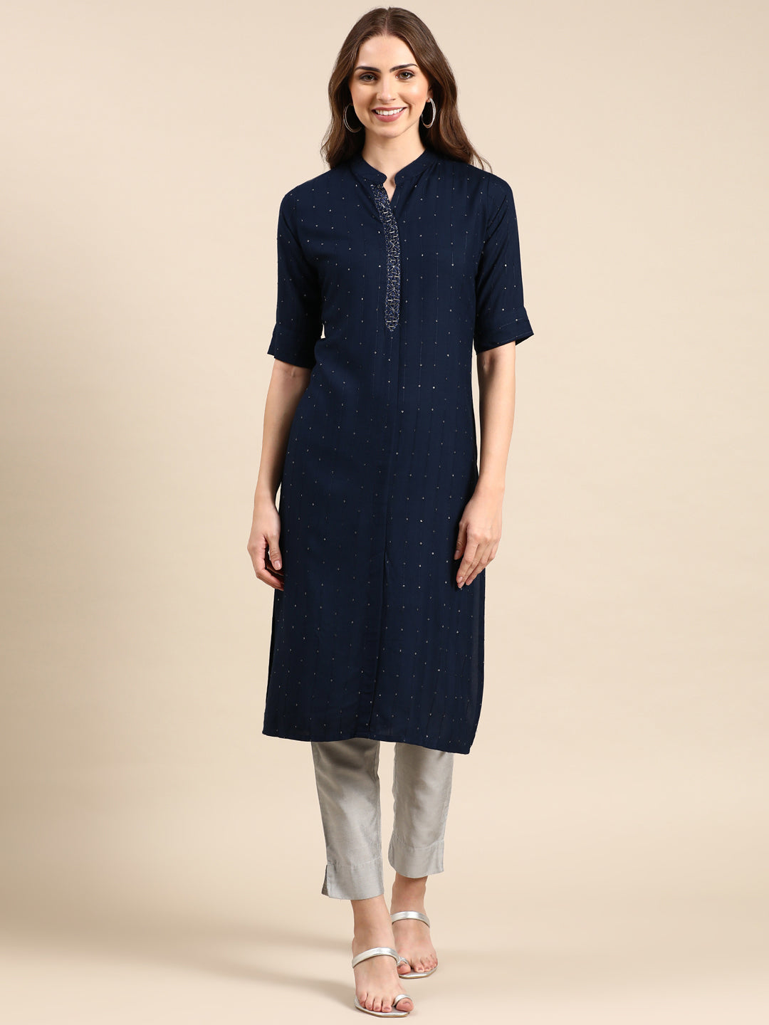 Women's Navy Blue Embellished Straight Kurta