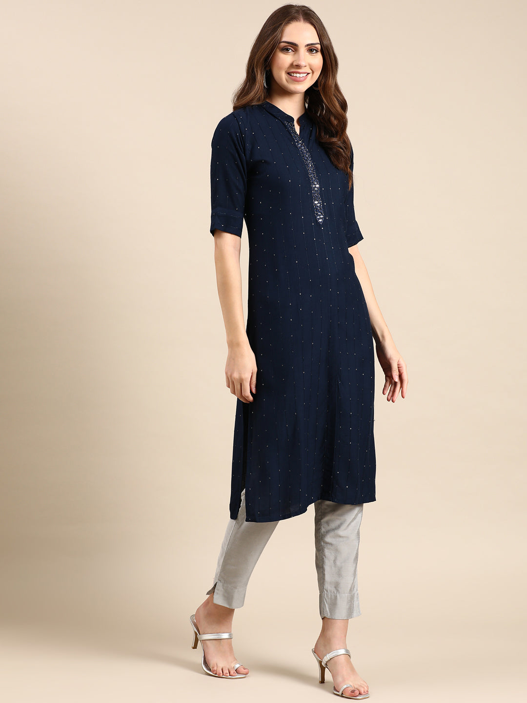 Women's Navy Blue Embellished Straight Kurta