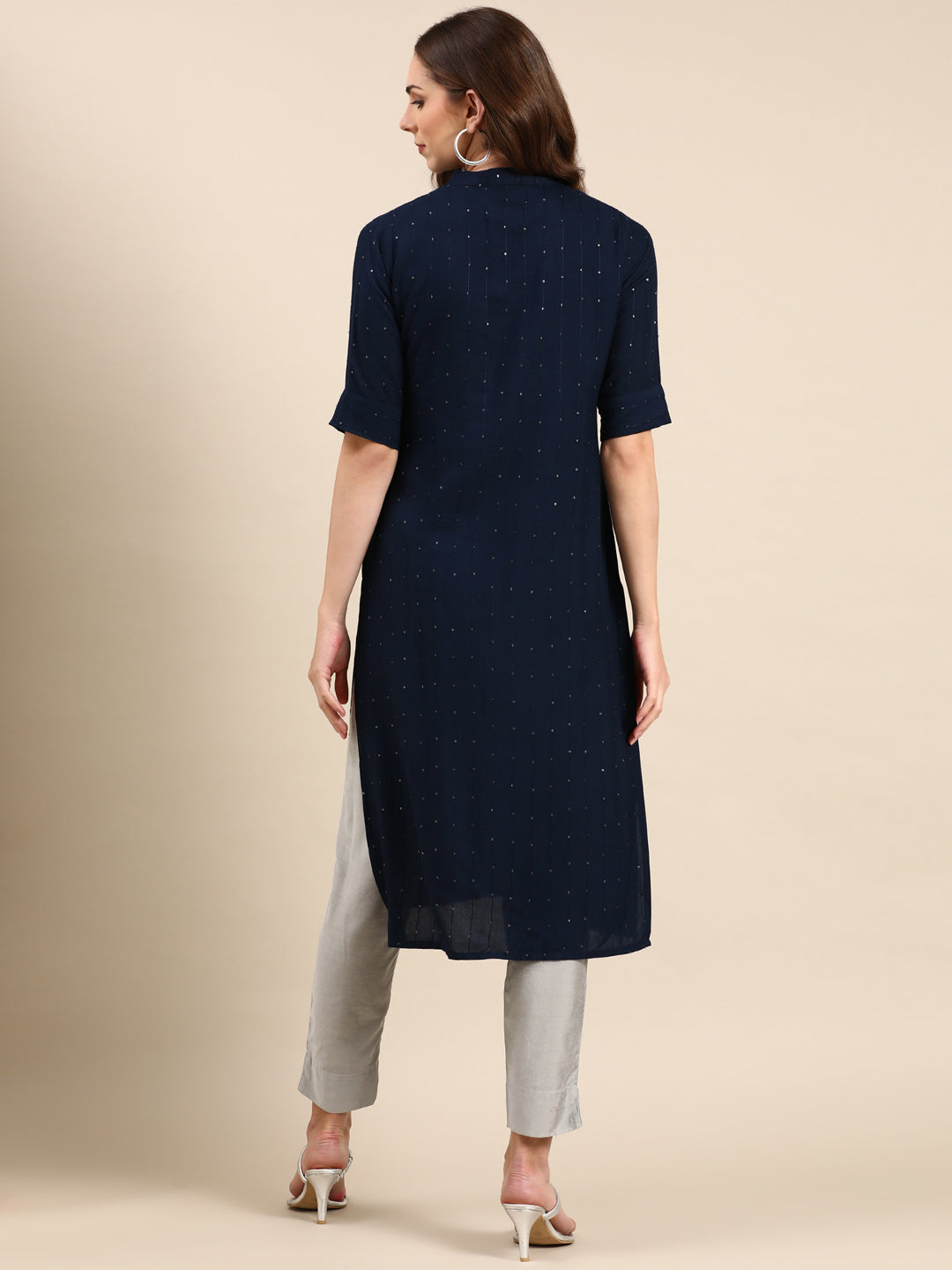 Women's Navy Blue Embellished Straight Kurta