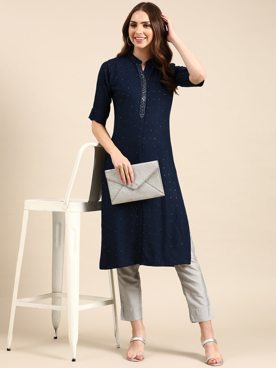 Women's Navy Blue Embellished Straight Kurta