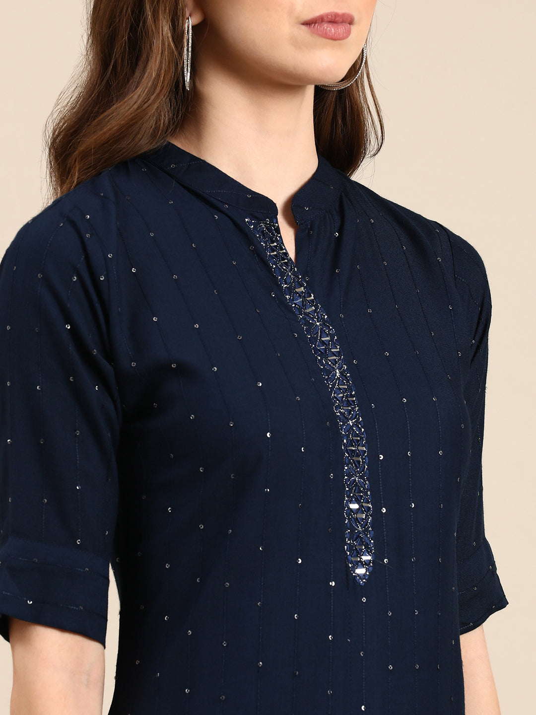 Women's Navy Blue Embellished Straight Kurta