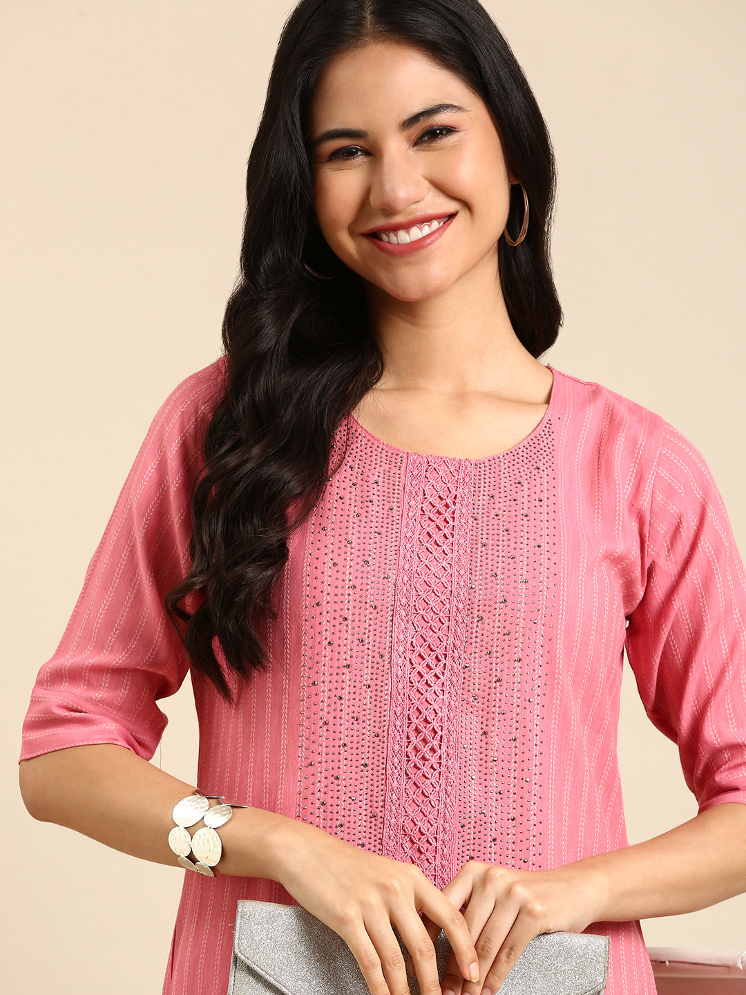 Women's Pink Embellished Straight Kurta