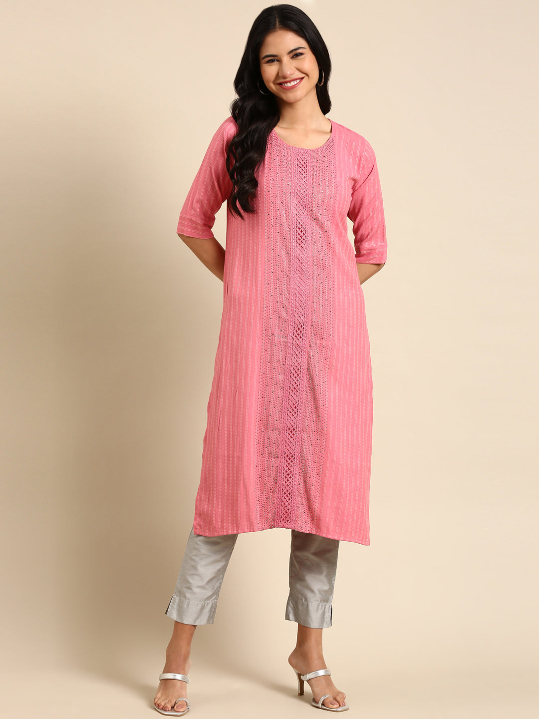 Women's Pink Embellished Straight Kurta