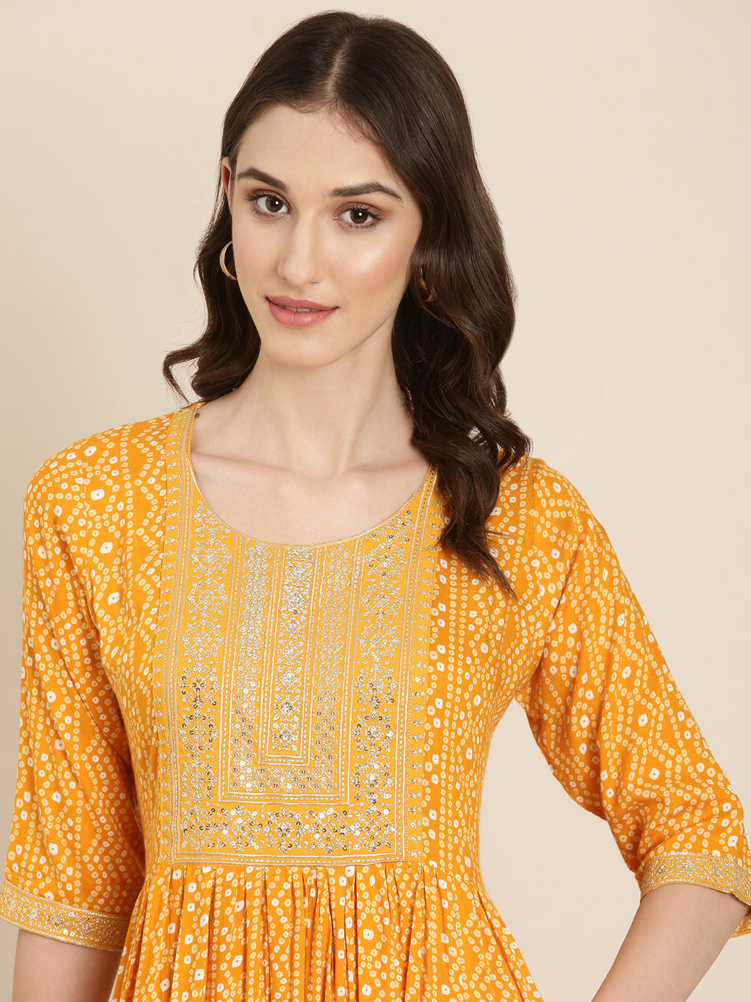 Women Mustard Printed Anarkali Kurta