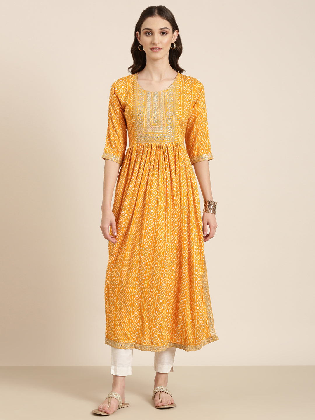 Women Mustard Printed Anarkali Kurta