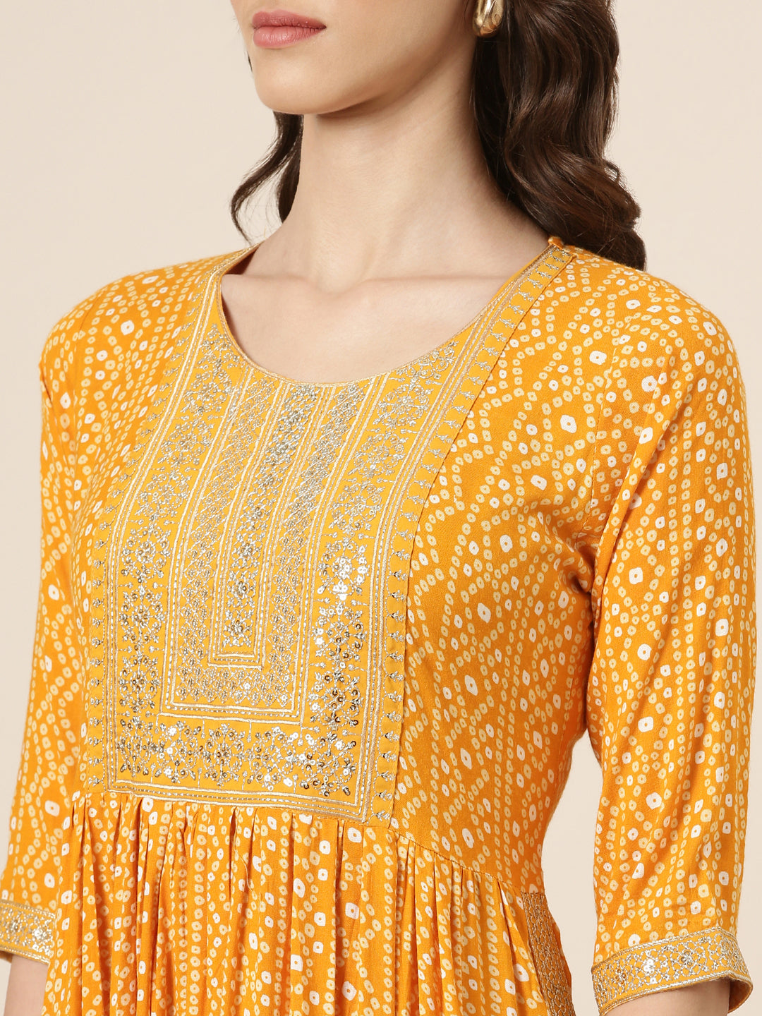 Women Mustard Printed Anarkali Kurta