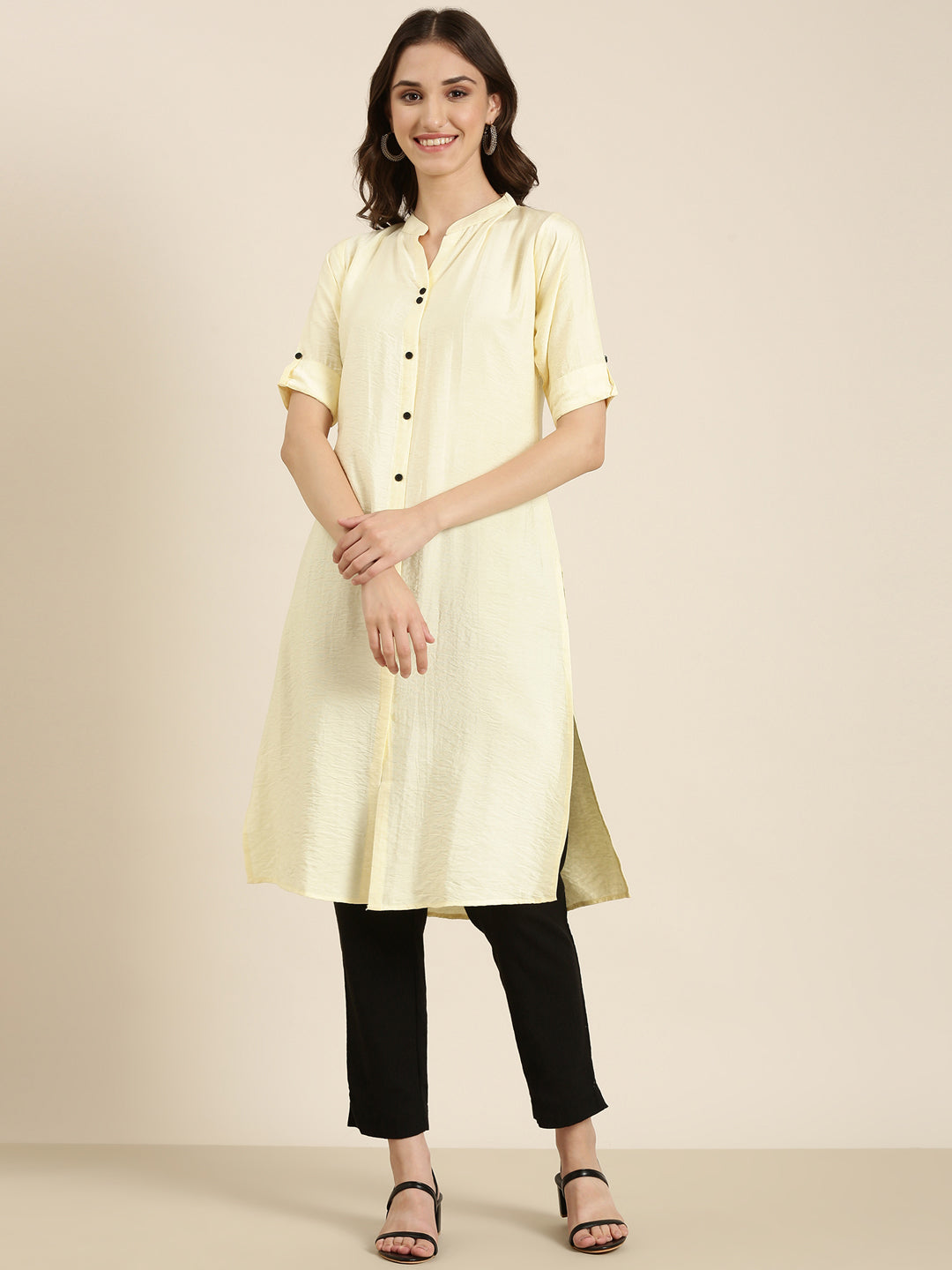 Women Cream Solid Straight Kurta