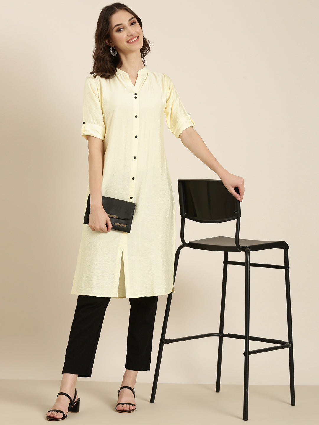 Women Cream Solid Straight Kurta