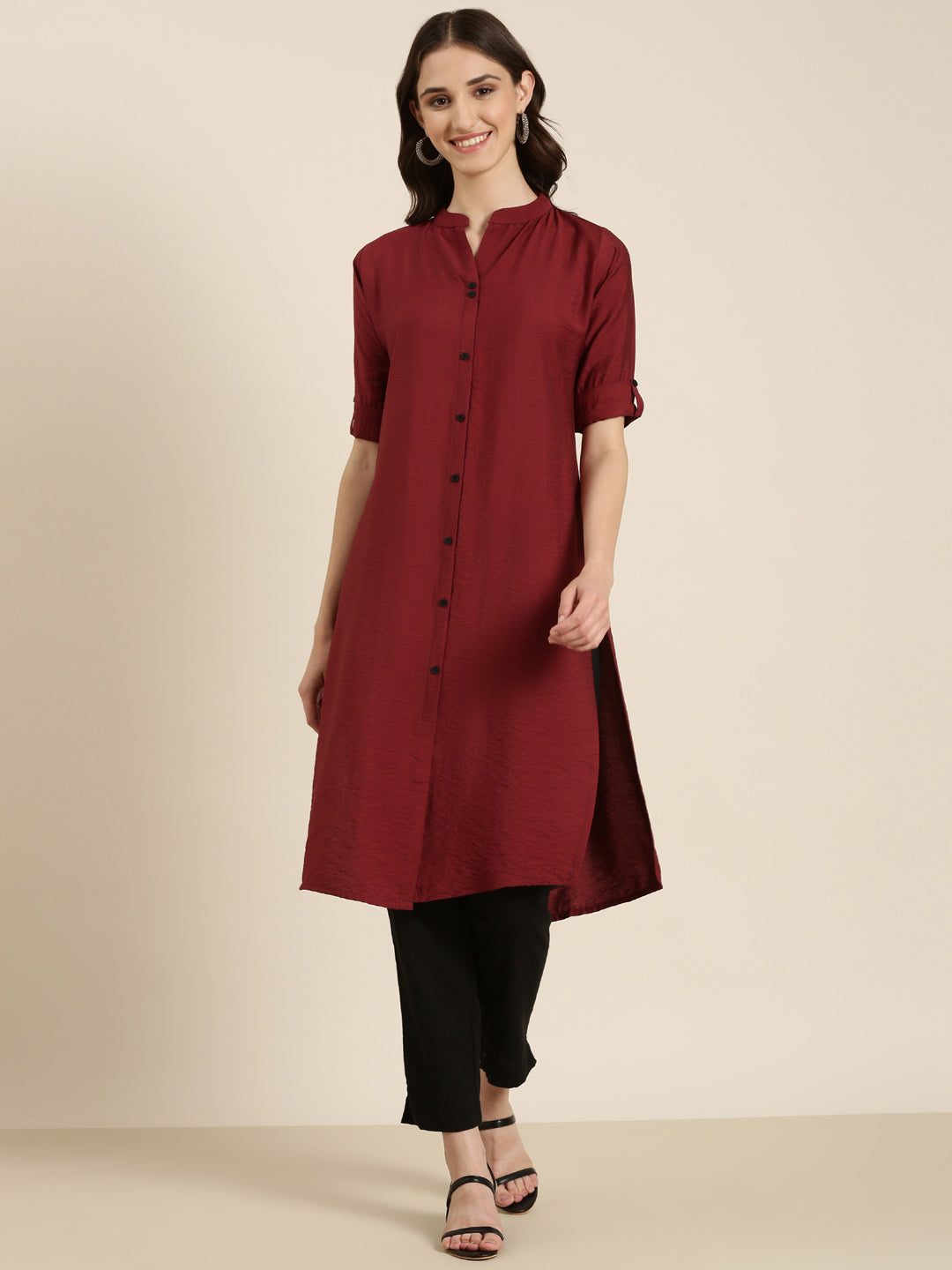 Women Maroon Solid Straight Kurta