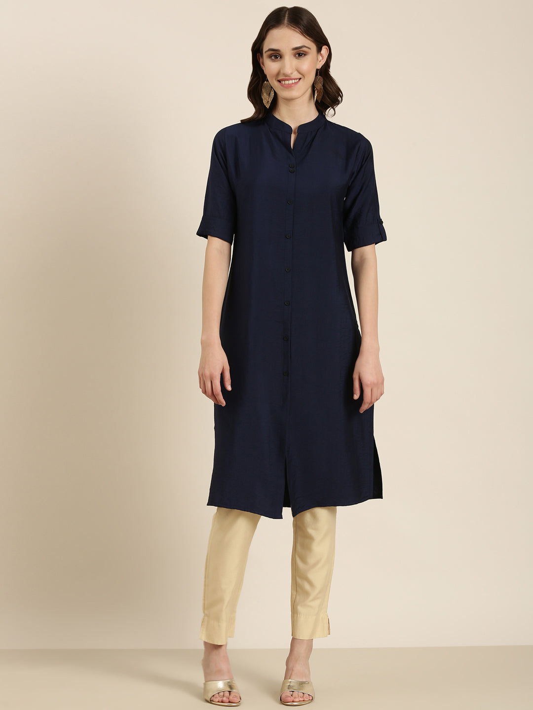 Women Navy Blue Solid Straight Kurta