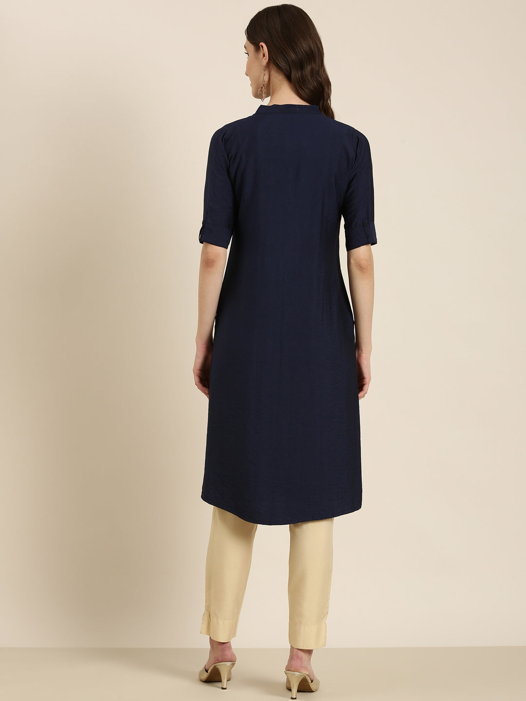 Women Navy Blue Solid Straight Kurta