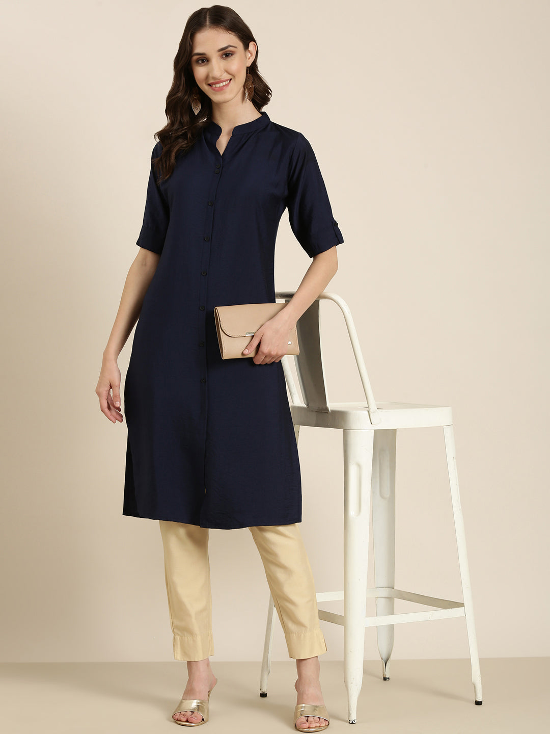 Women Navy Blue Solid Straight Kurta