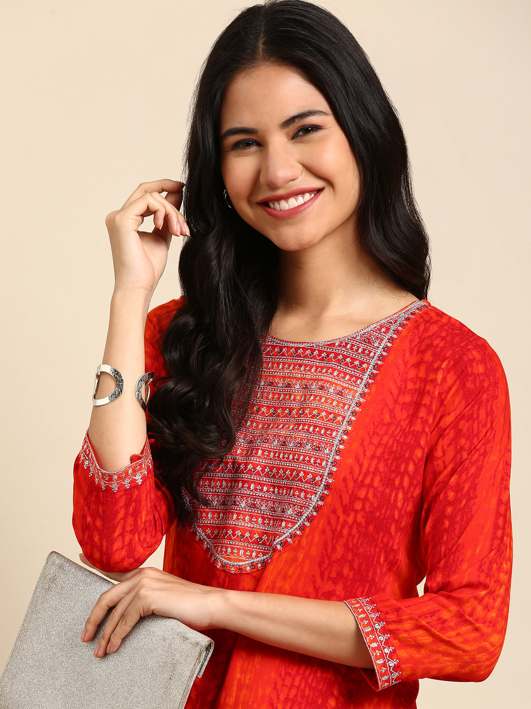 Women's Orange Printed Straight Kurta