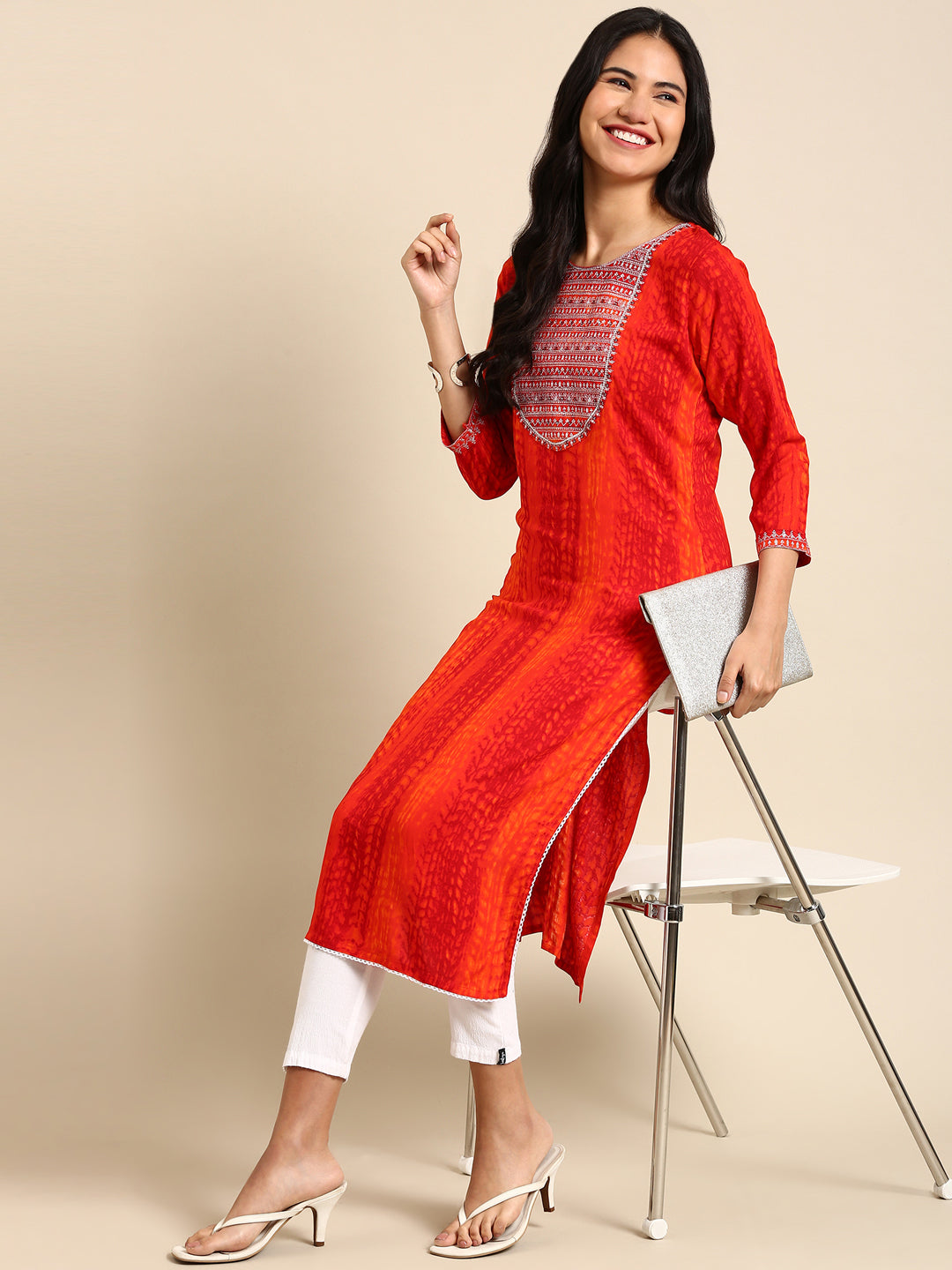 Women's Orange Printed Straight Kurta