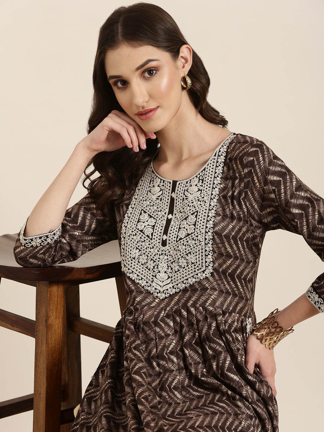 Women Taupe Printed Anarkali Kurta