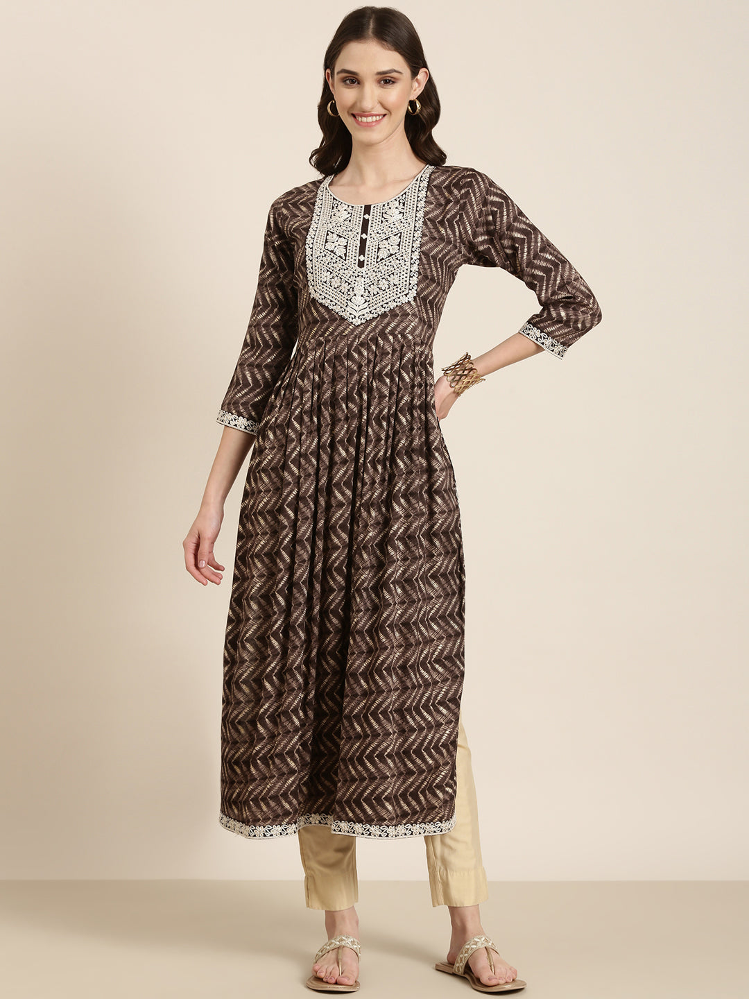 Women Taupe Printed Anarkali Kurta