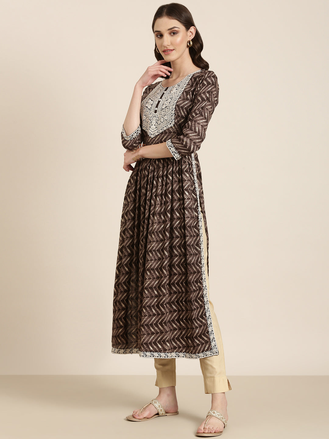 Women Taupe Printed Anarkali Kurta