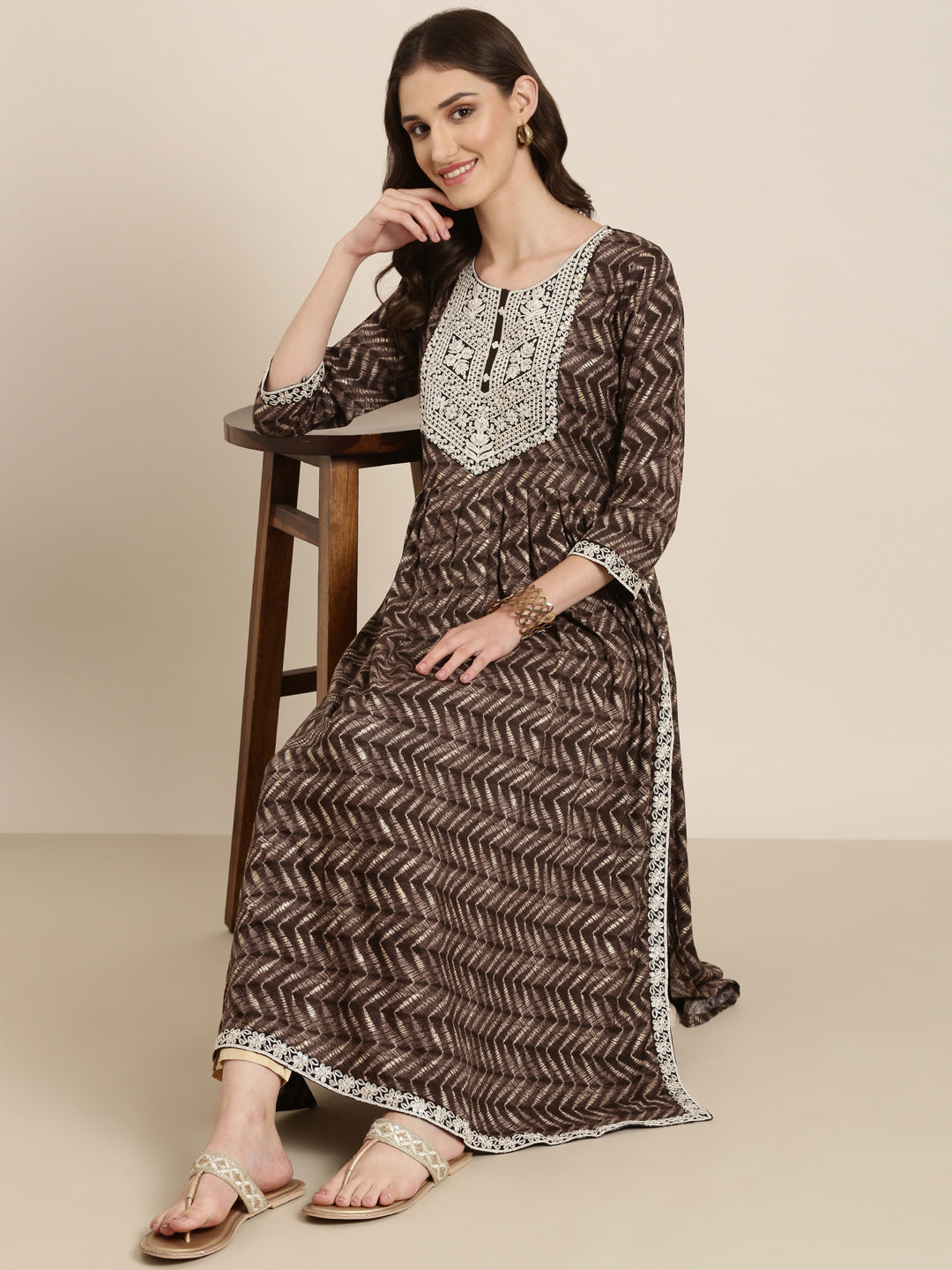 Women Taupe Printed Anarkali Kurta