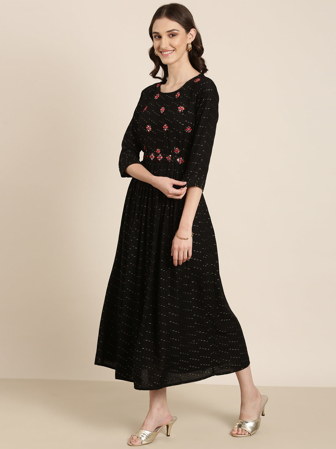 Women Black Embellished A-Line Kurta