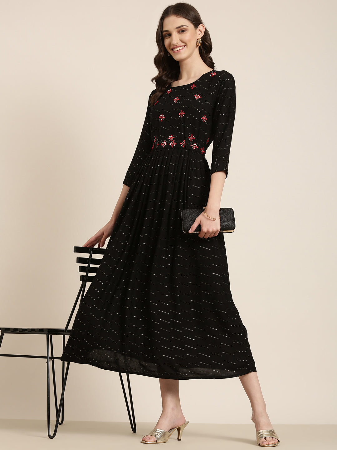 Women Black Embellished A-Line Kurta