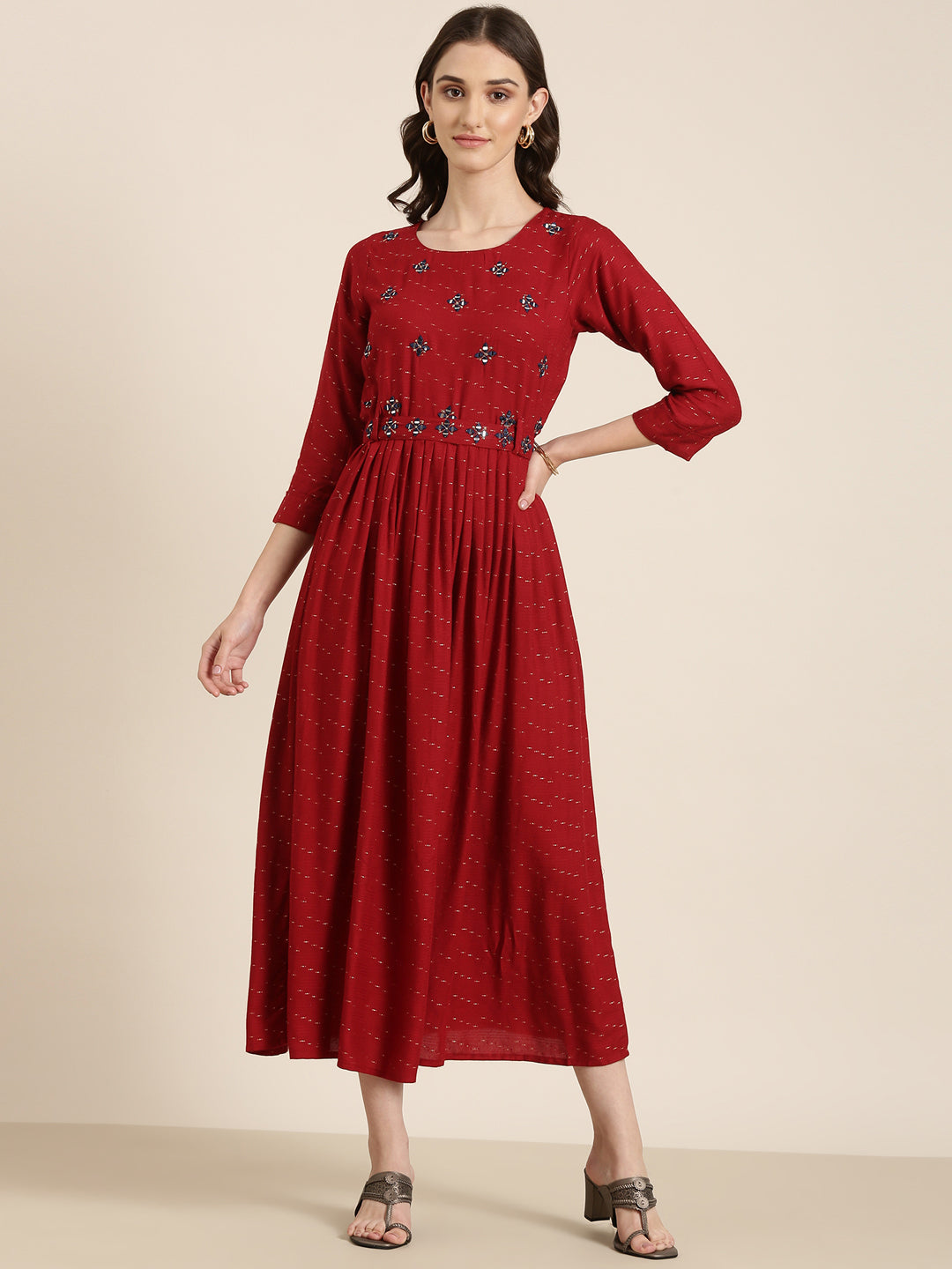 Women Maroon Embellished Fit and Flare Kurta