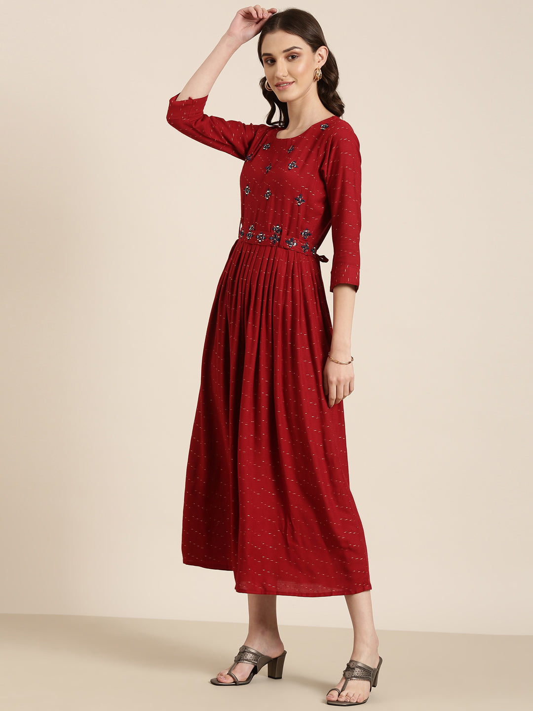 Women Maroon Embellished Fit and Flare Kurta