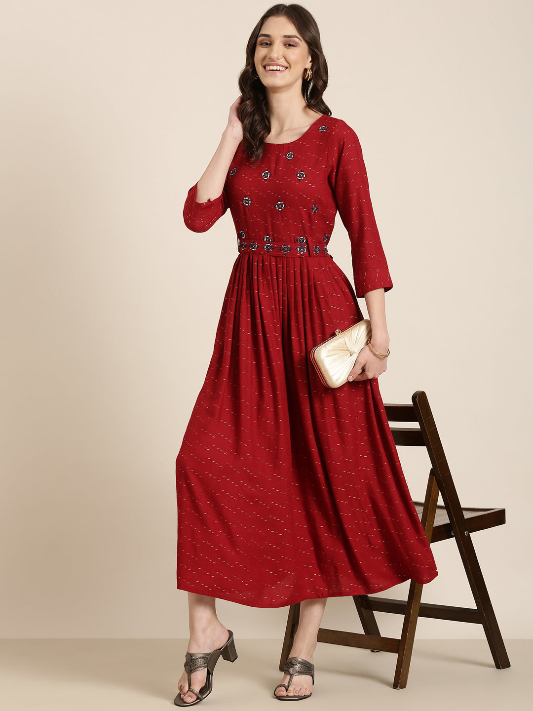 Women Maroon Embellished Fit and Flare Kurta