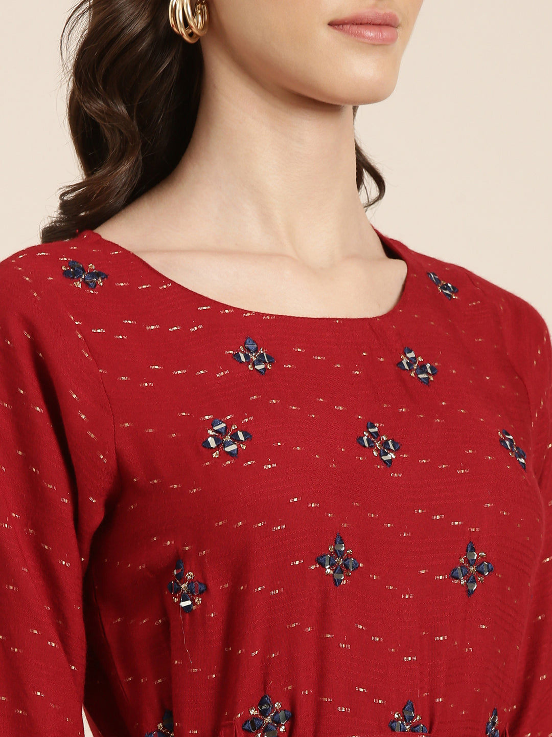 Women Maroon Embellished Fit and Flare Kurta