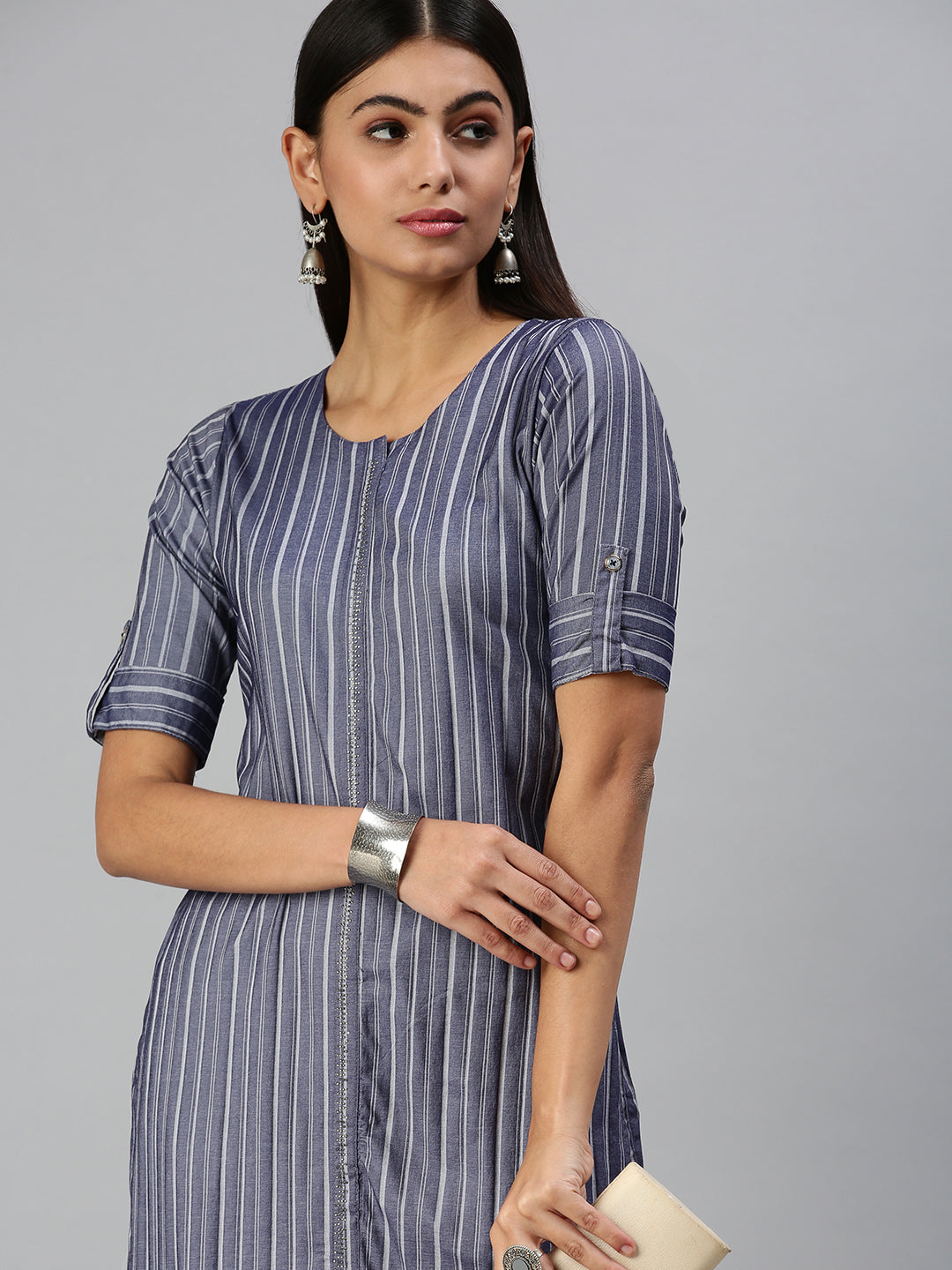 Women's Navy Blue Striped Straight Kurta