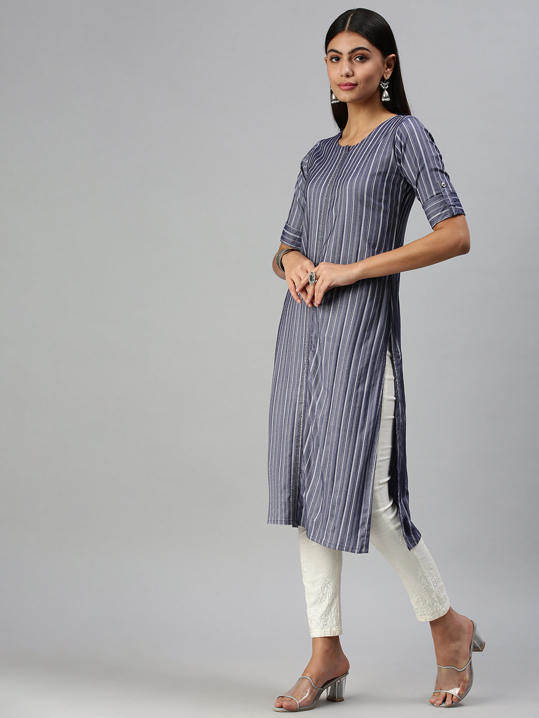 Women's Navy Blue Striped Straight Kurta