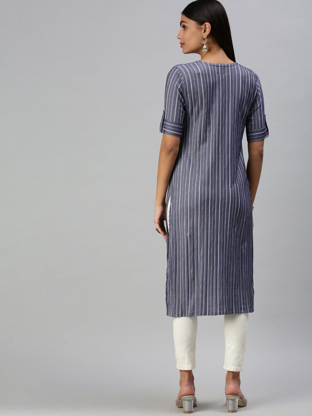 Women's Navy Blue Striped Straight Kurta