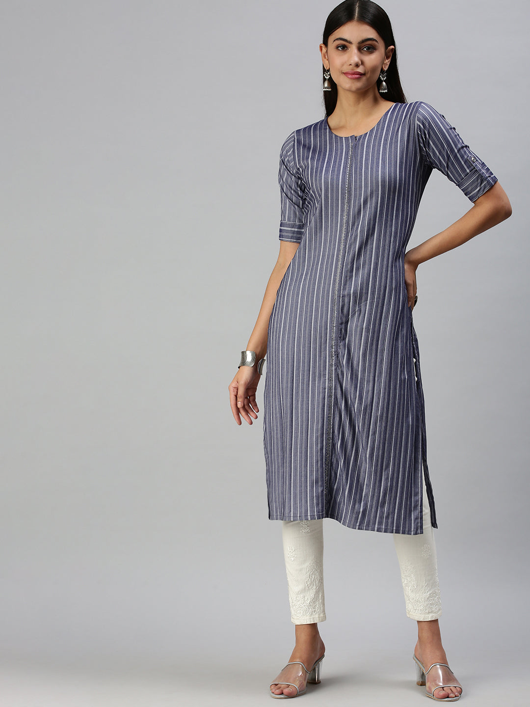 Women's Navy Blue Striped Straight Kurta