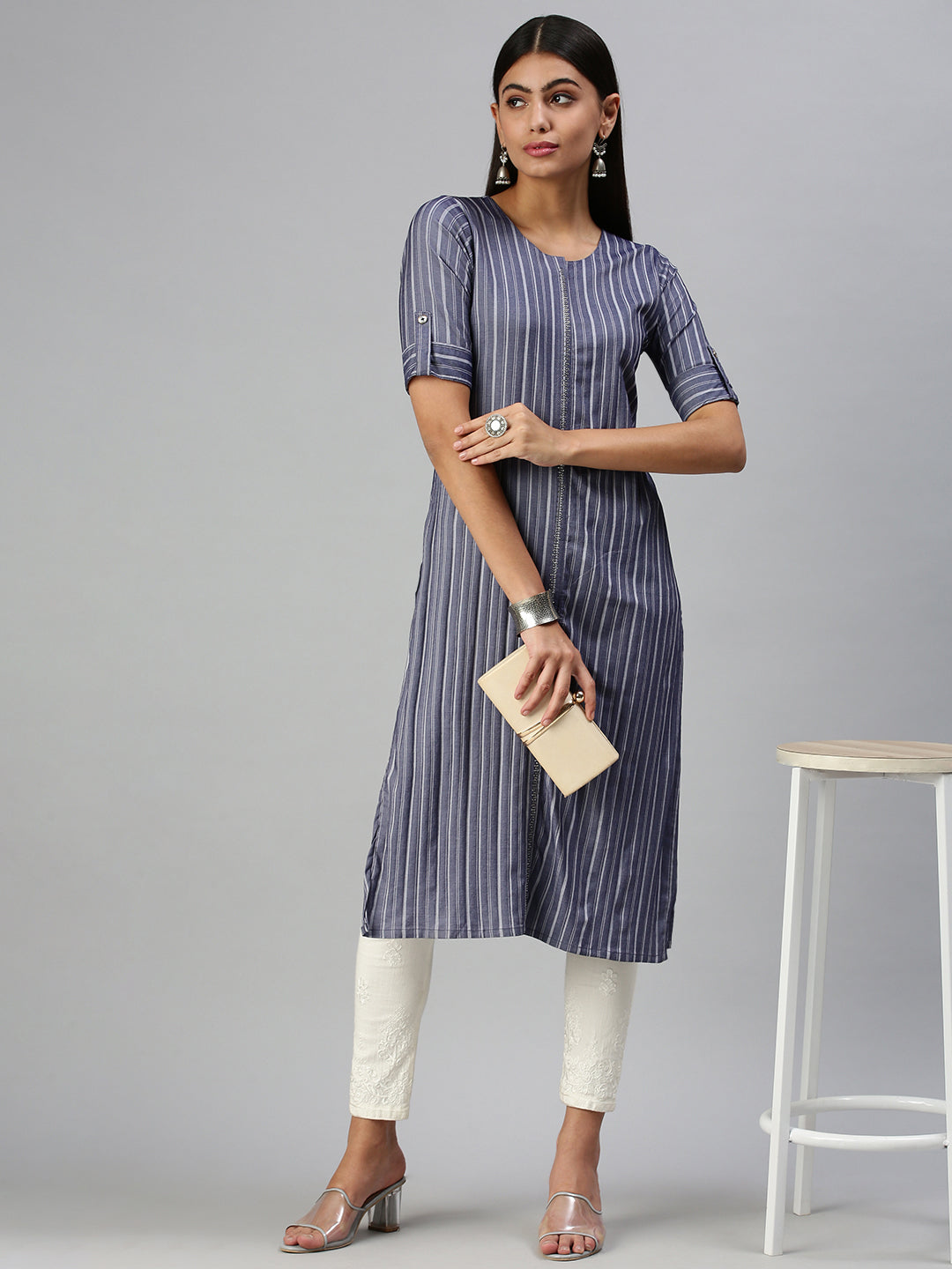 Women's Navy Blue Striped Straight Kurta