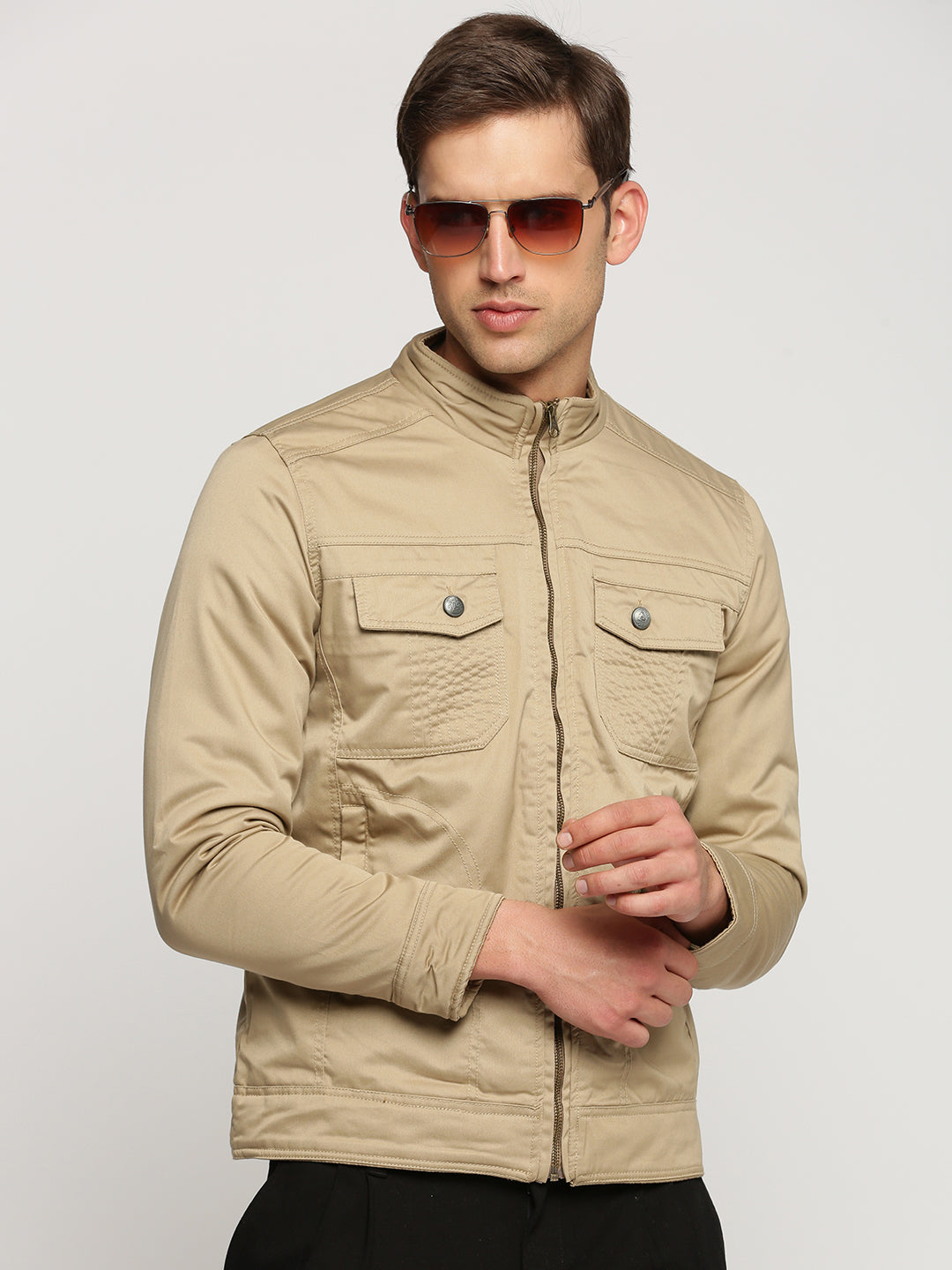 Men Beige Mock Collar Solid Tailored Jacket