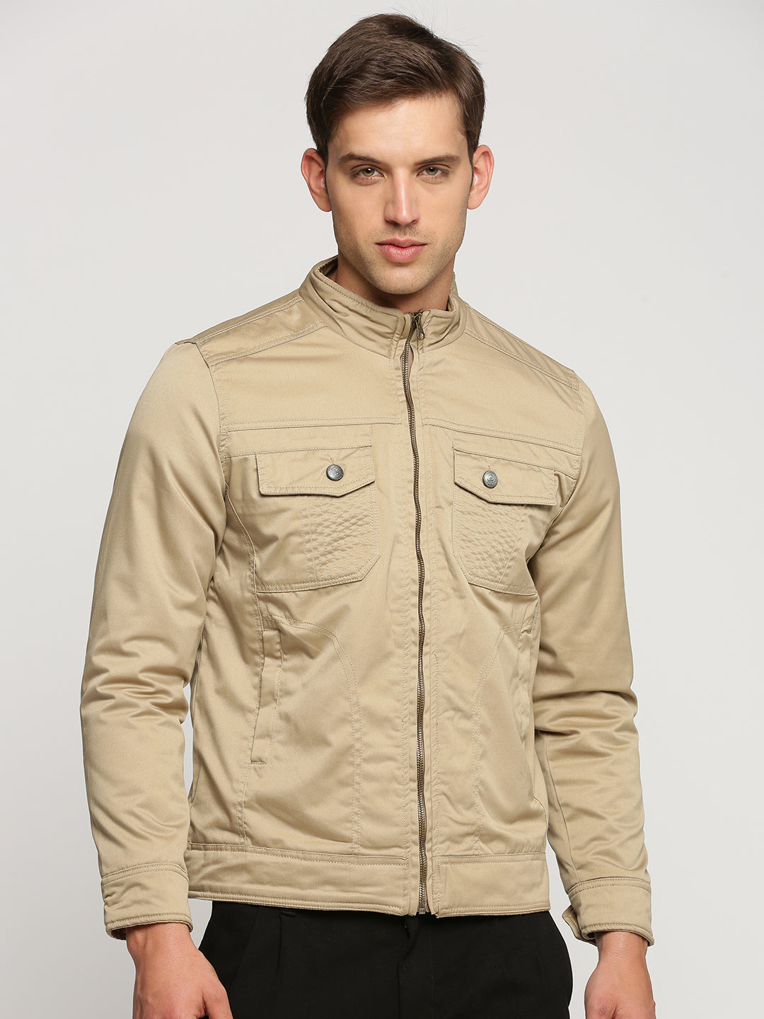 Men Beige Mock Collar Solid Tailored Jacket