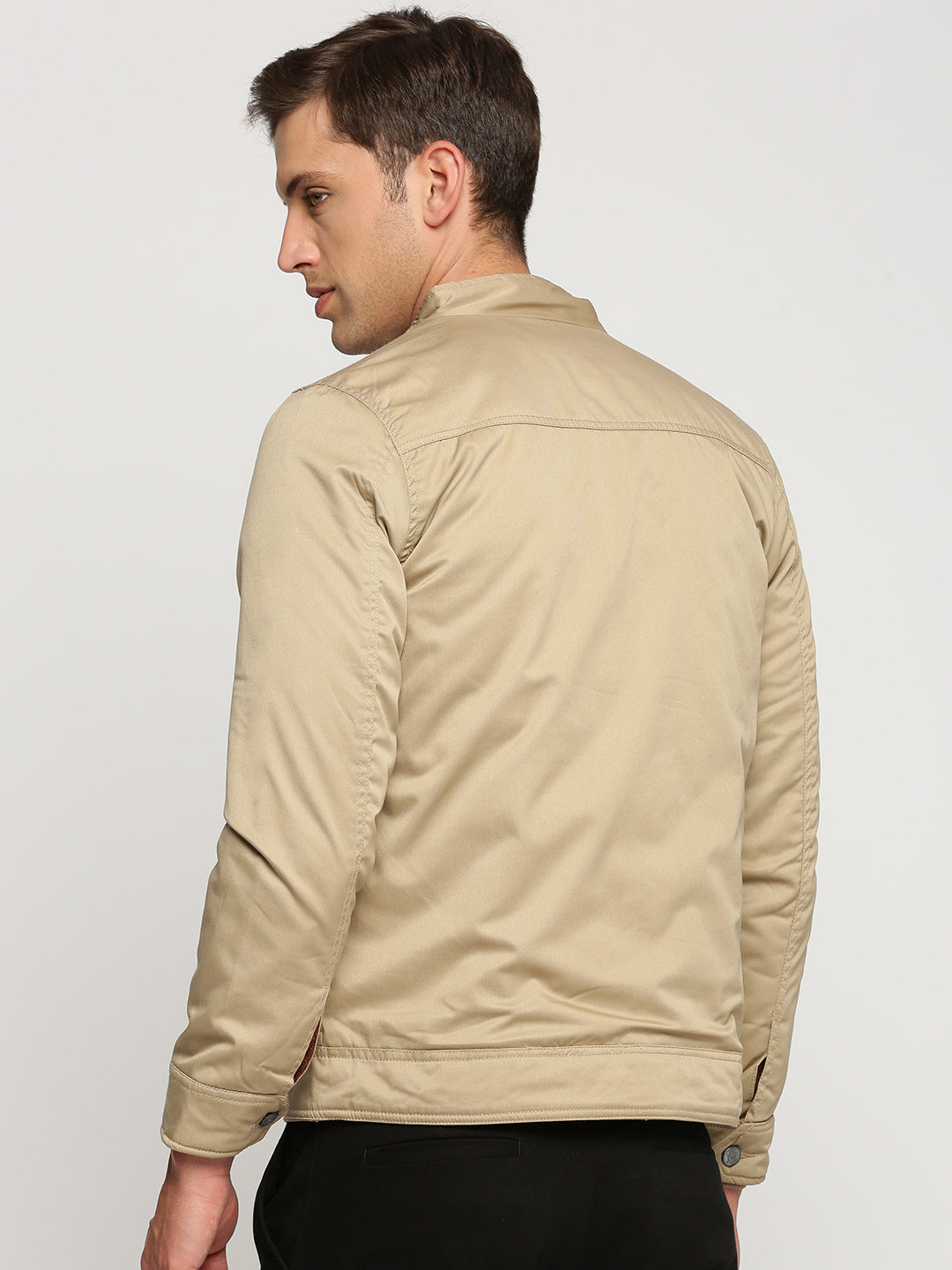 Men Beige Mock Collar Solid Tailored Jacket